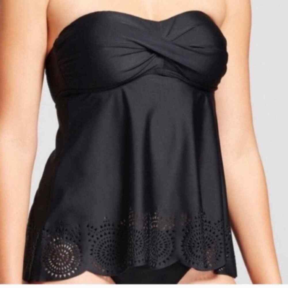 NWT Sz XS Merona Tankini Top Black Laser Cut Criss Cross